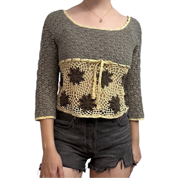 Y2K Vintage Crochet Top Knit Boho Fairy Festival Casual Floral Babydoll Small 15 - Picture 1 of 7